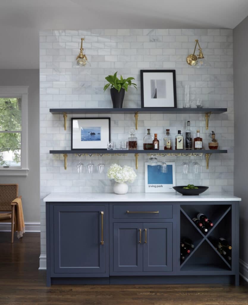 floating gold shelves blue home bar