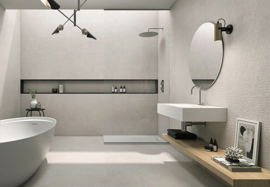 minimalist bathroom with white tub