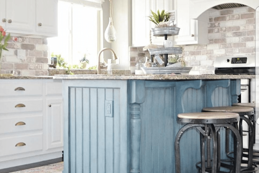 blue island and red brick backsplash