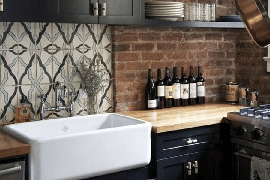 red brick and butcher block countertops