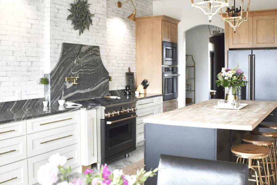 white brick backsplash in modern farmhouse kitchen