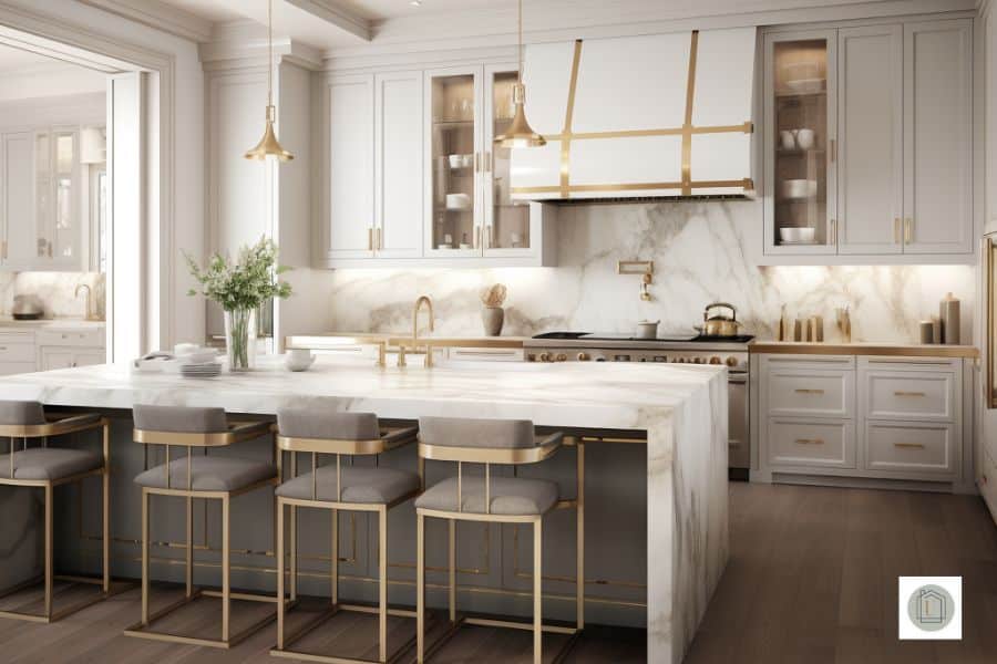 white and gold shaker kitchen