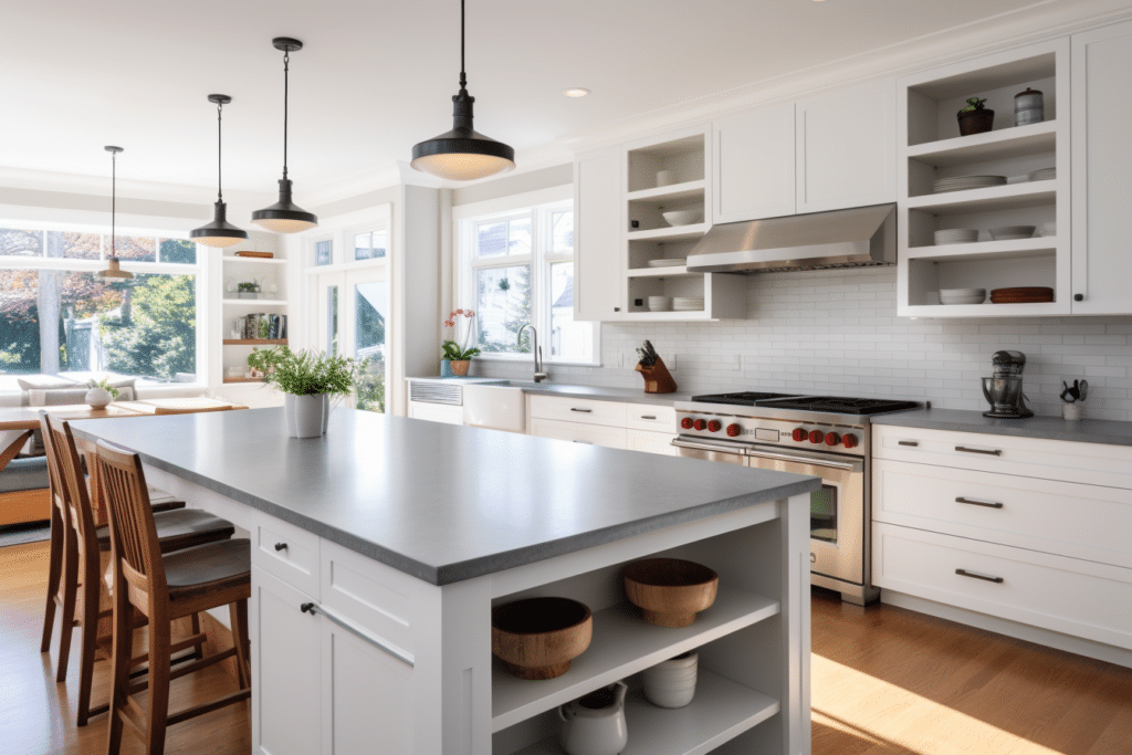 white shaker cabinet with grey countertop