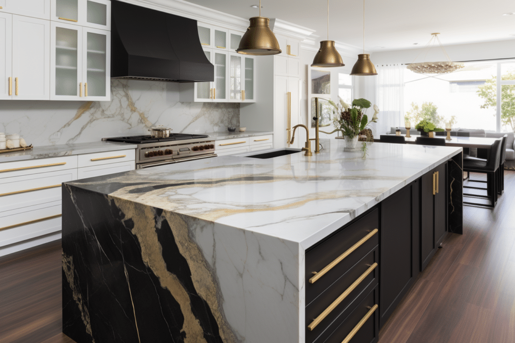 white shaker kitchen with black and gold island