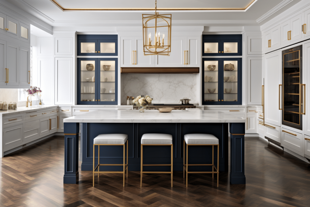 white shaker kitchen with blue island gold accents
