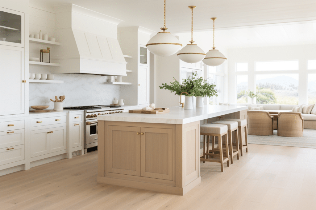 white shaker kitchen with oak wood island