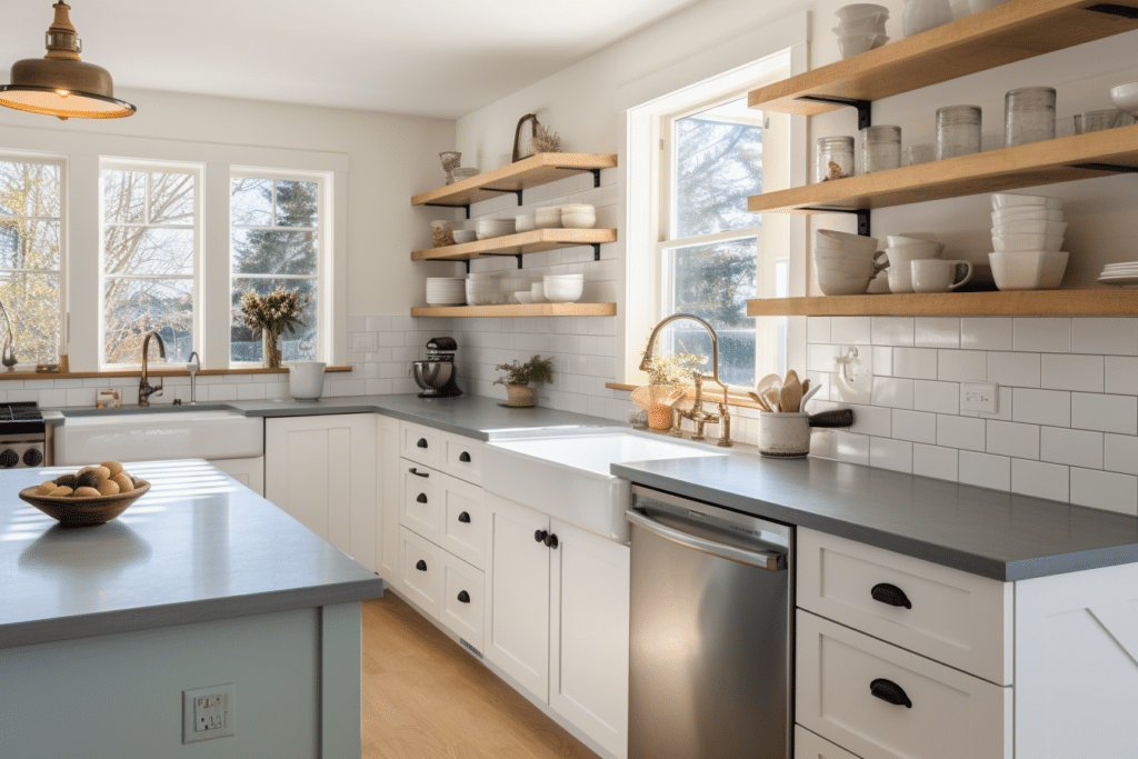 white shaker kitchen with open wooden shelves