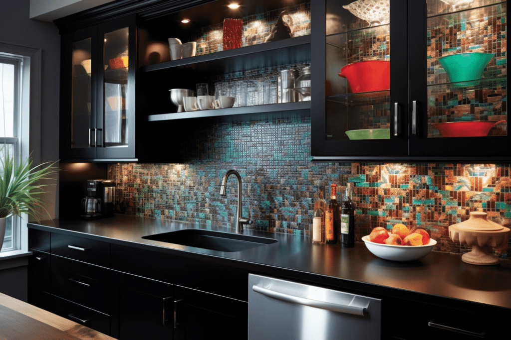 black-kitchen-with-colorful-mosaic