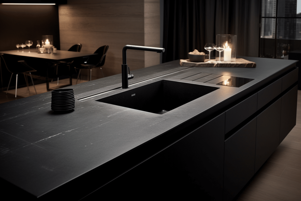 black sink in minimalist kitchen