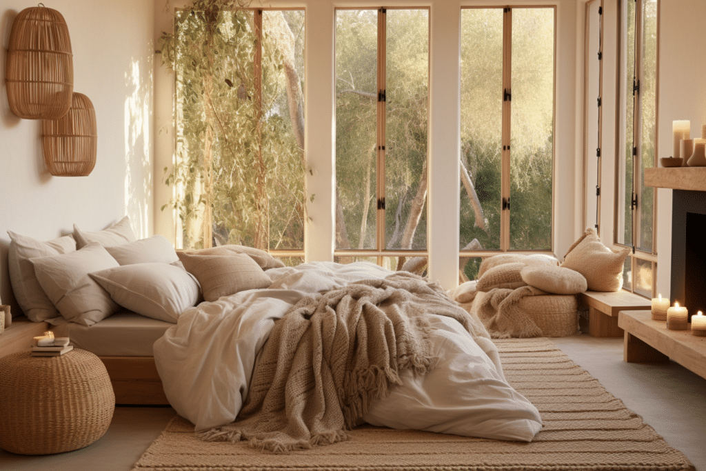 cozy bedroom with windows