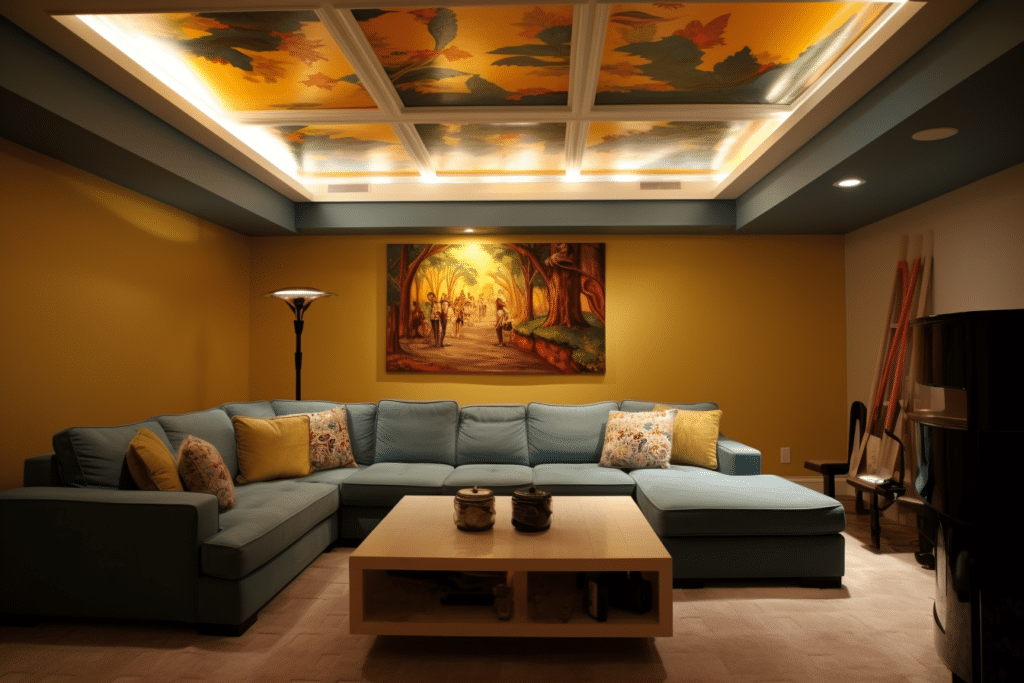 living room with dropped ceiling