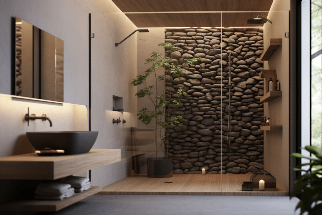 small bathroom zen with pebble focal wall