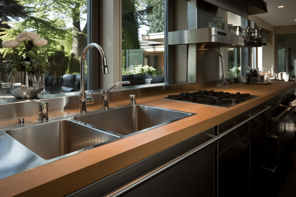 stainless steel sink with wood