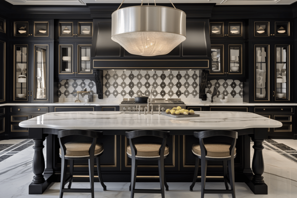 black cabinets with gold trim