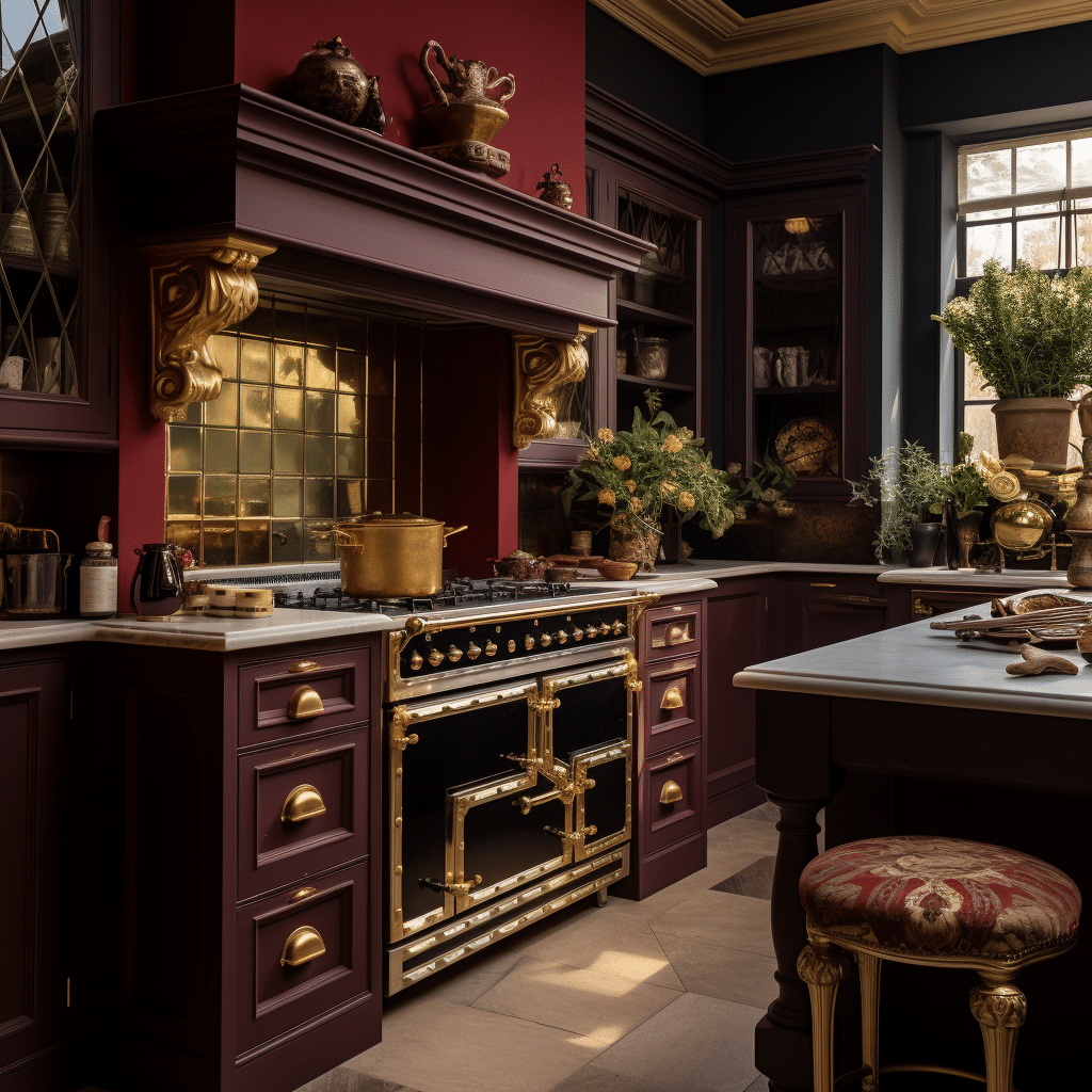 burgundy kitchen with gold