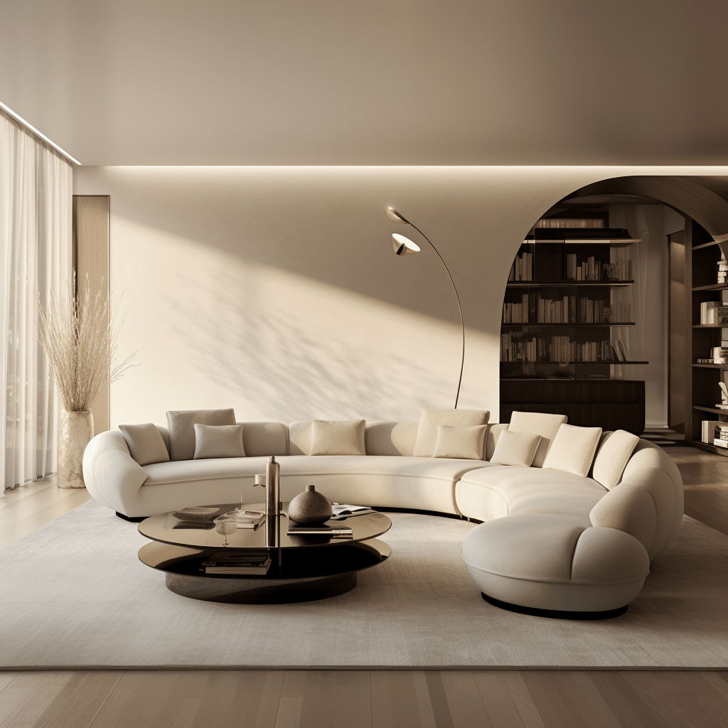 curved sofa with rug