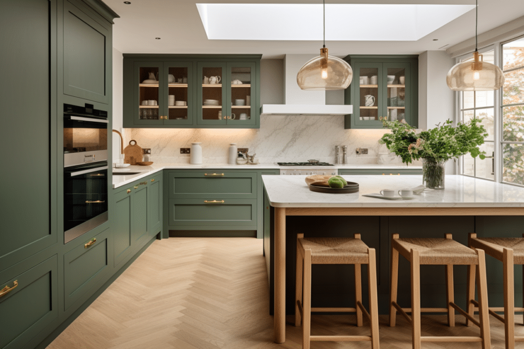 green cabinets with marble backsplash