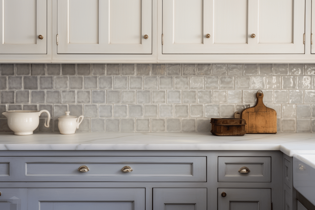 grey and white cabinets with square tiles