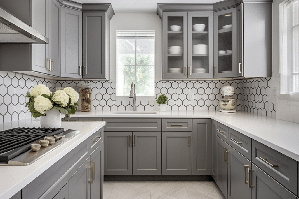 grey cabinets with hexagon backsplash