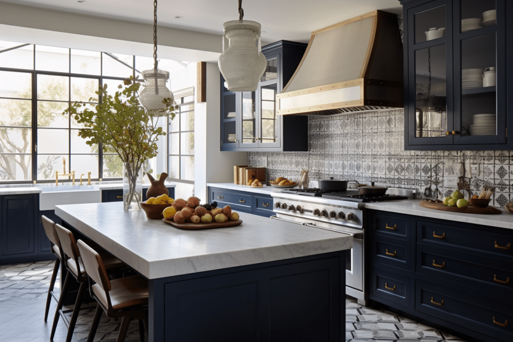 navy blue cabinet with pattern tile