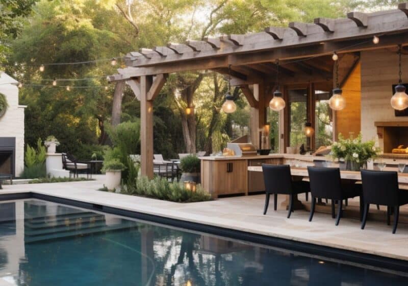 backyard pool and kitchen designs