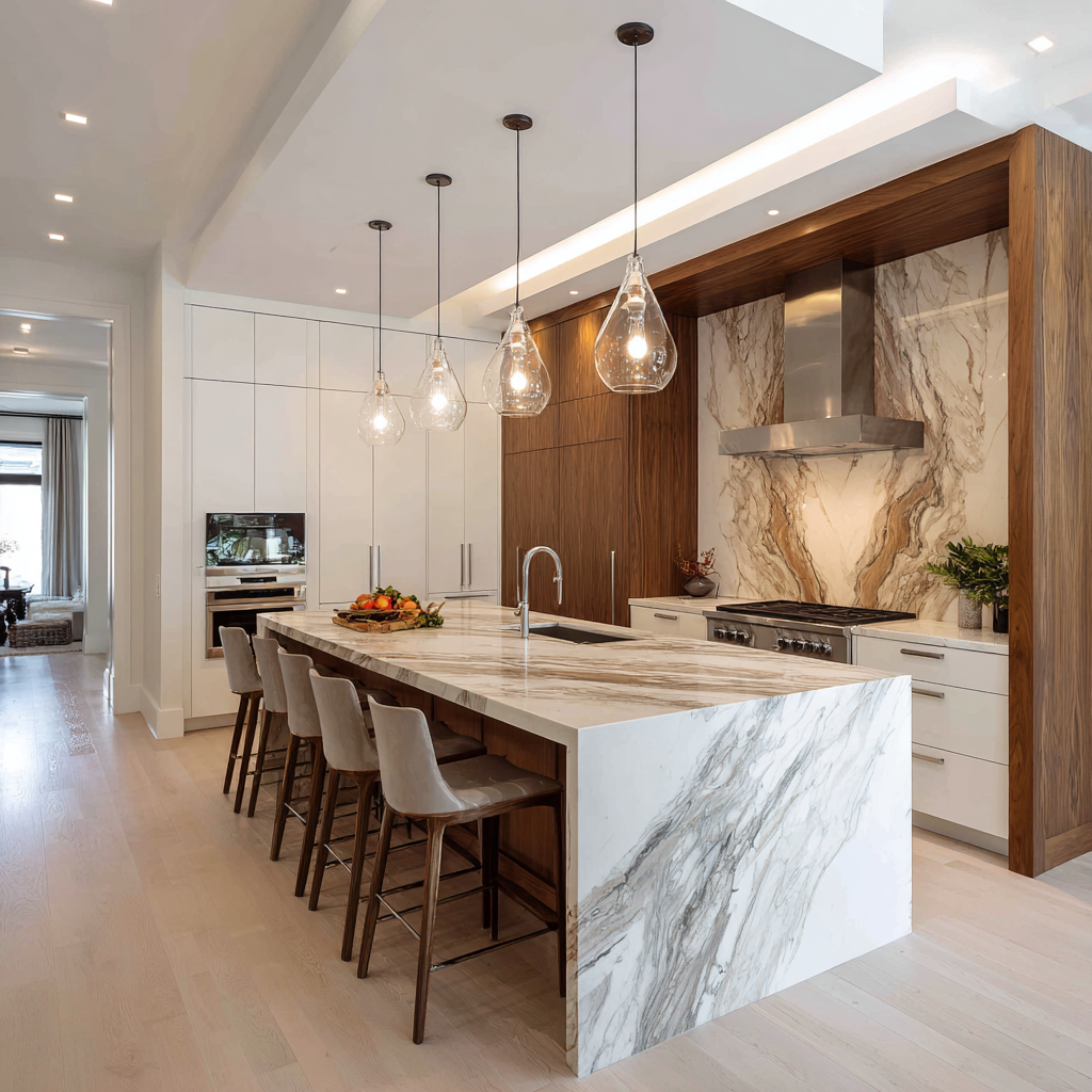 countertop to ceiling marble slab backsplash seamless luxury kitchen 2026