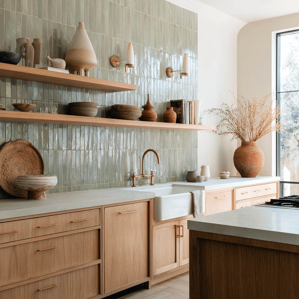 sage green zellige full wall backsplash with wood cabinets and brass fixtures 2026