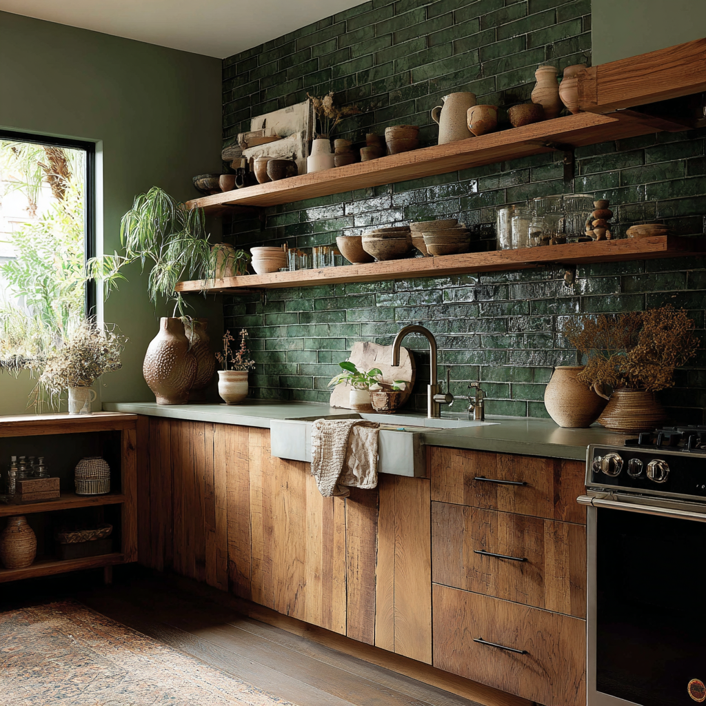 dark cottagecore kitchen backsplash with deep green tile and wood open shelving