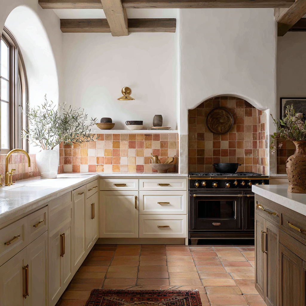 terracotta tile kitchen backsplash with cream cabinets and brass hardware warm Mediterranean style