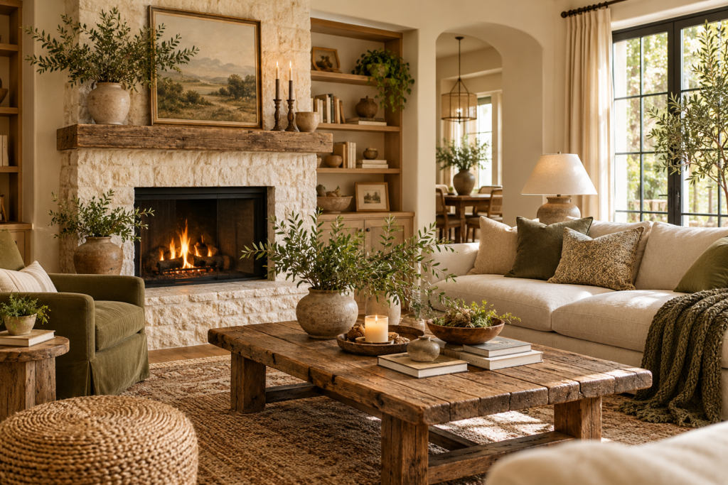 Earthy cottage kitchen with olive cabinets, warm marble countertops and a zellige backsplash